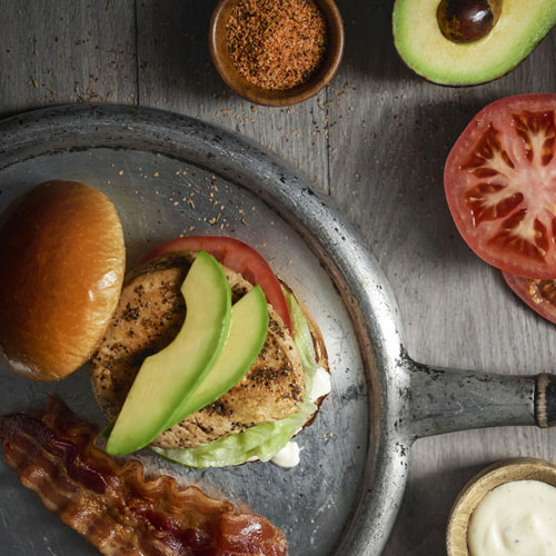 PDQ sandwich with chicken, avocado and bacon