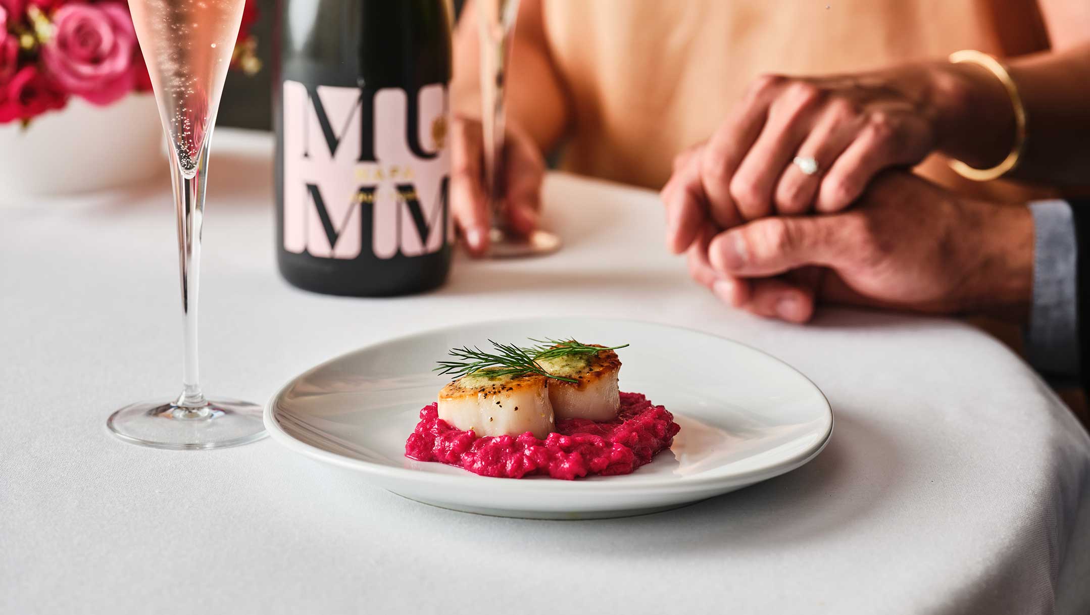 Fleming's Valentine's Day appetizer with Scallops paired with champagne