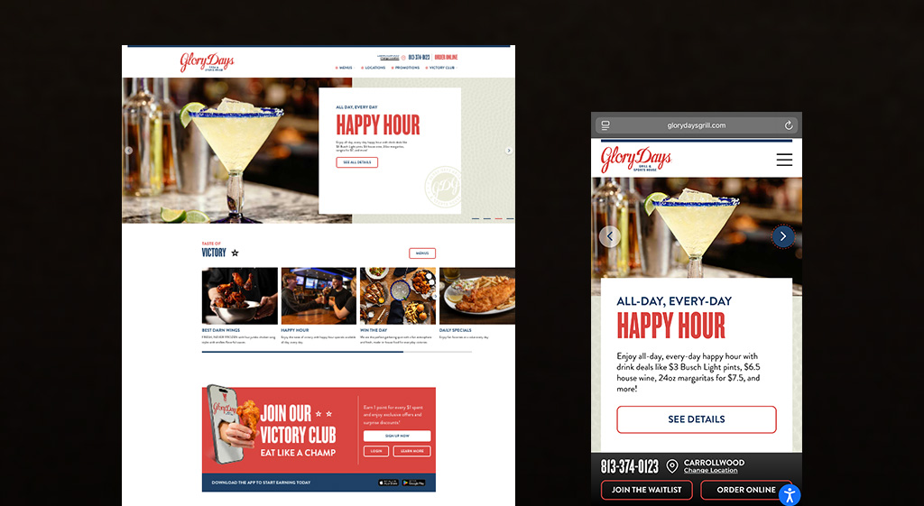 Glory Days new website redesign in desktop and mobile