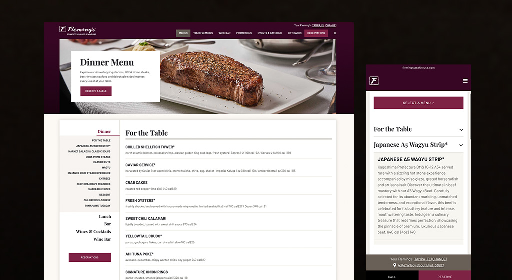 Menu page desktop and mobile screenshots from Fleming's Prime Steakhouse website