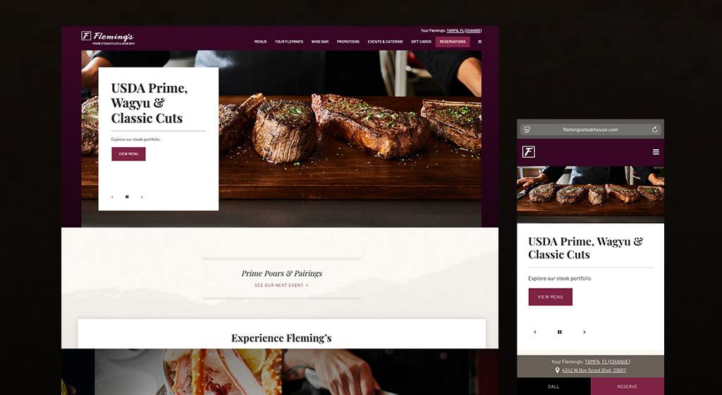 Case Study graphic of the Fleming's Prime Steakhouse & Wine Bar website in desktop and mobile views