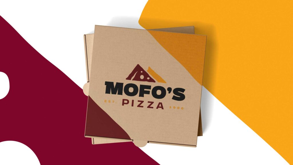 Mofo logo redesign applied to a pizza box